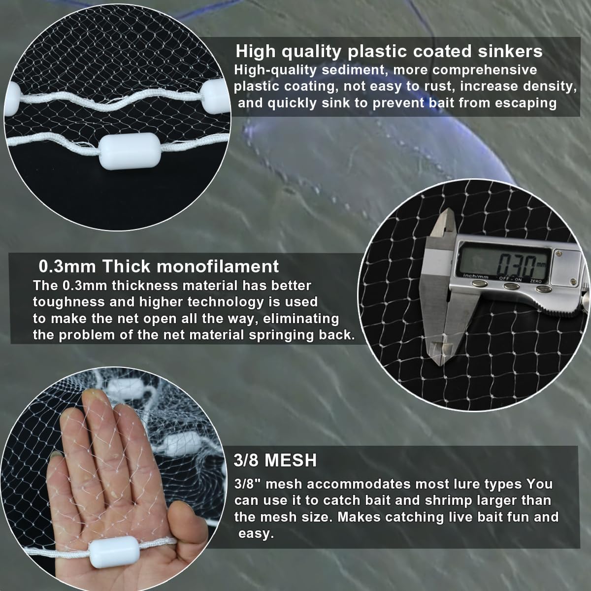 Drasry Saltwater Fishing Cast Net 3/8 and 1/4 Mesh with Heavy Duty Gray Sinker American Monofilament Fish Throw Net for Bait Trap 3FT 4FT 5FT 6FT 7FT 8FT 9FT Radius - Image 3