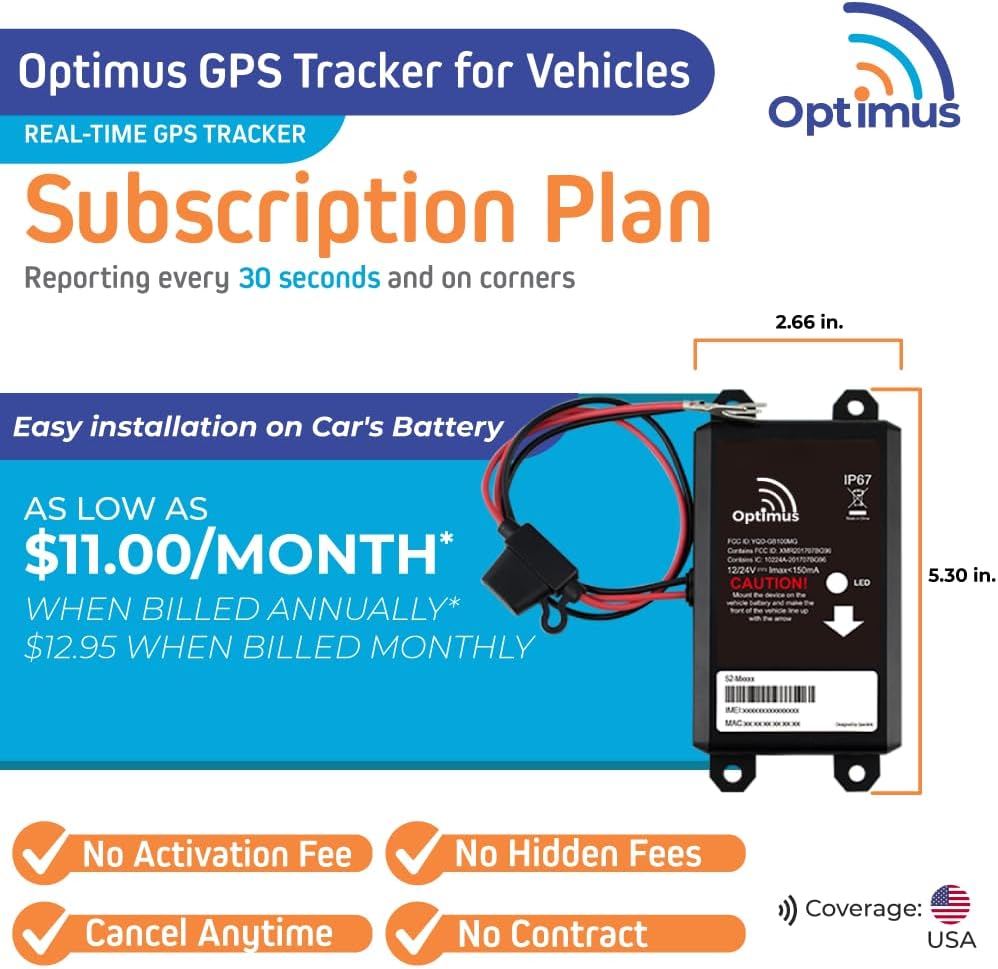 Optimus Wired GPS Tracker for Vehicles – Easy Installation on Car’s Battery – Low Cost Subscription Plan Options
