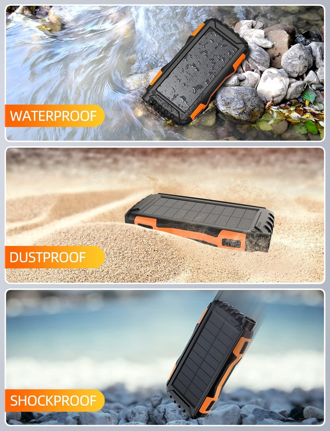 Power-Bank-Solar-Charger - 42800mAh Portable Charger,Solar Power Bank,External Battery Pack 5V3.1A Qc 3.0 Fast Charger Built-in Super Bright Flashlight (Orange) - Image 5